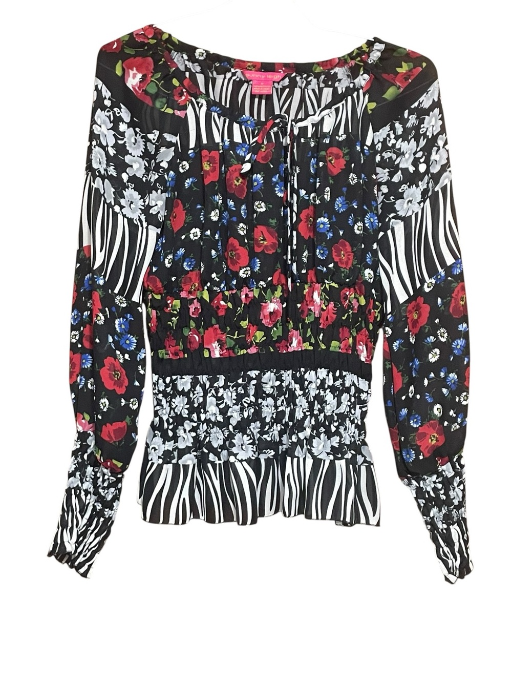Sunny Leigh Black Mixed Floral & Stripe Smocked Peasant Blouse